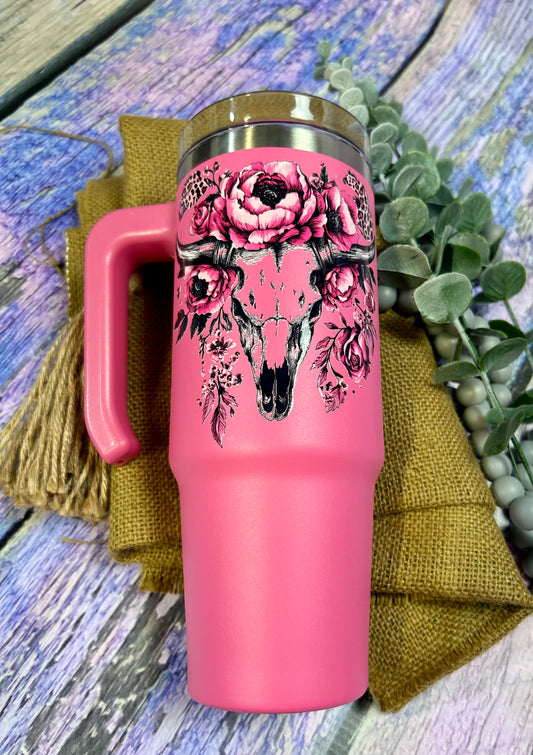 Be Savage not Average Bull Skull 30oz Pink Handled Tumbler